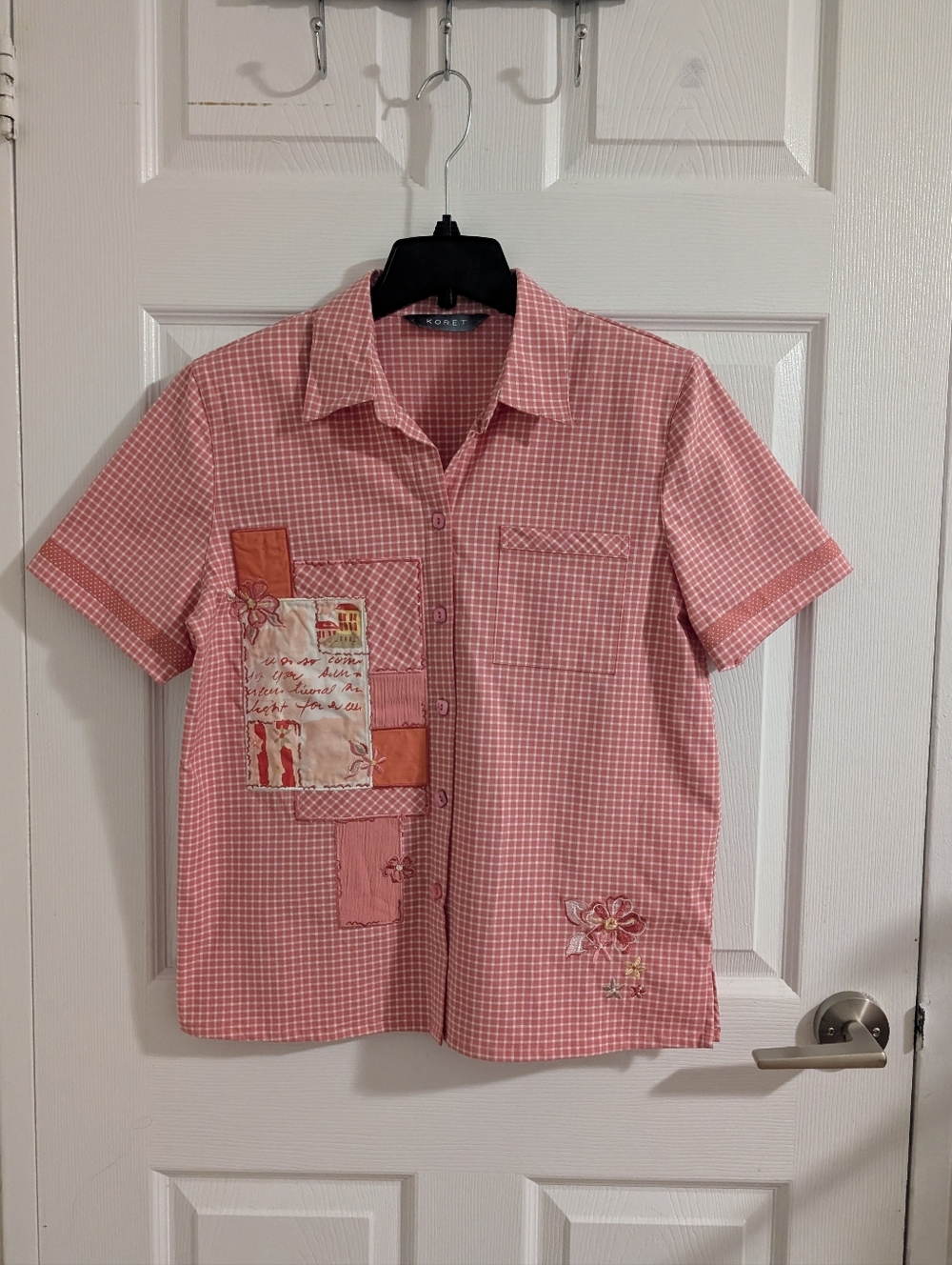 NWOT Koret Vintage Style Gingham Plaid Button Up Shirt Patchwork Floral Pink S